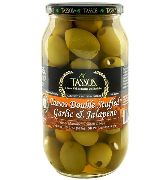 Jalapeno & Garlic Double Stuffed™ Super Mammoth Olives | Tassos