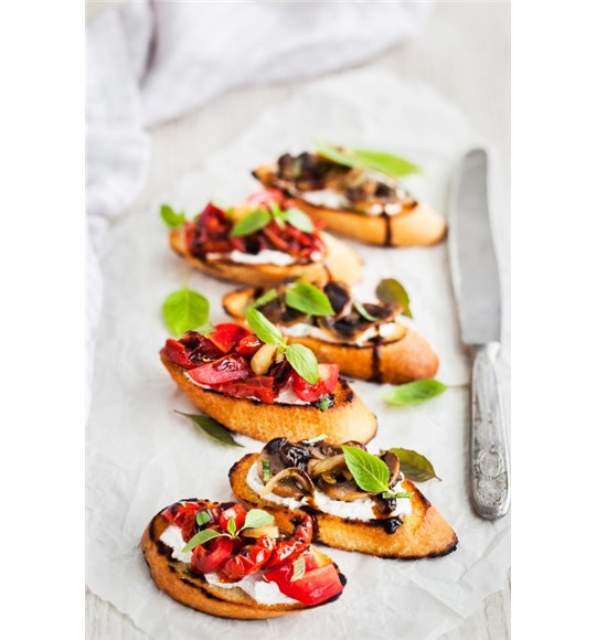 Roasted Pepper, Olive and Goat Cheese Crostini | Tassos