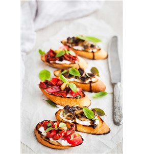 Roasted Pepper, Olive and Goat Cheese Crostini